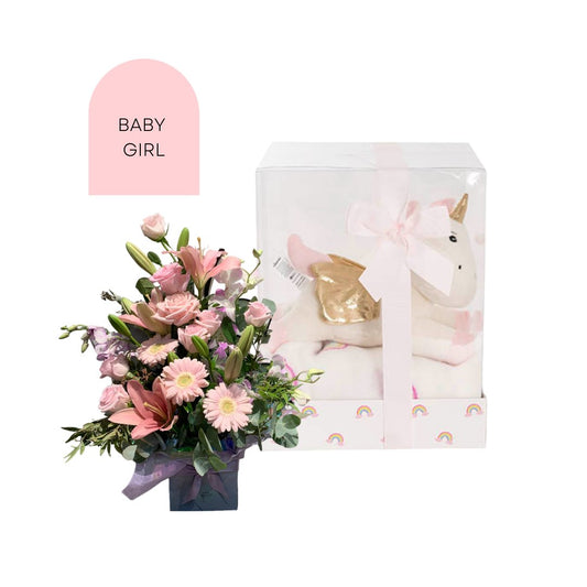Baby Girl Unicorn Gift Set with Mini Fresh Flower Box - Casey Florist Co