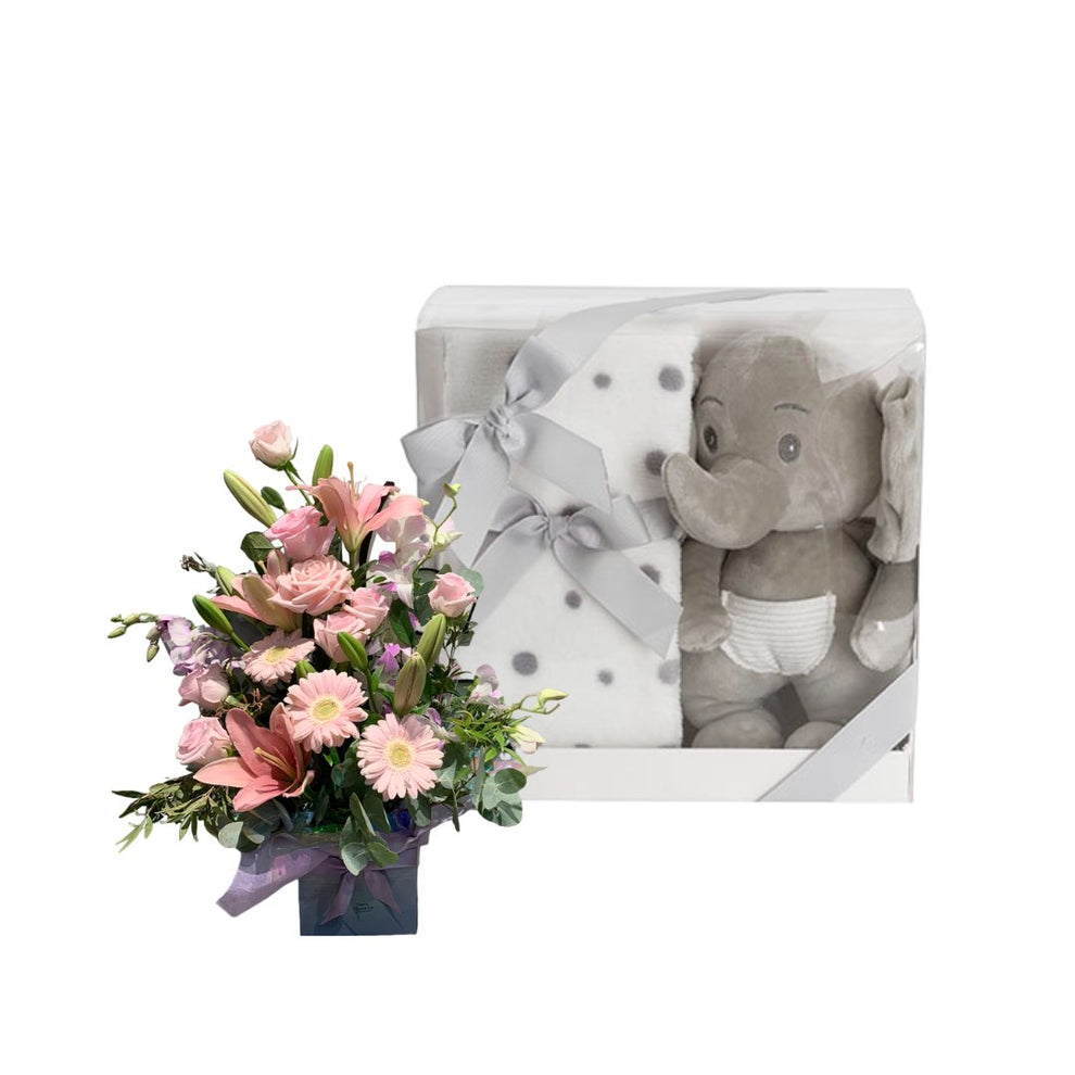 Ellie Elephant Baby Gift Set with Fresh Flowers | New Baby Gift - Casey ...